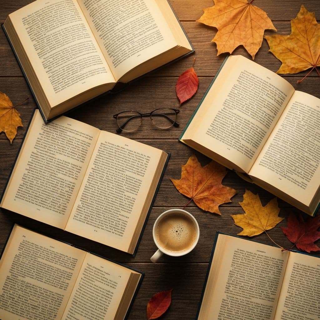 Overhead view of open books, coffee, and reading glasses