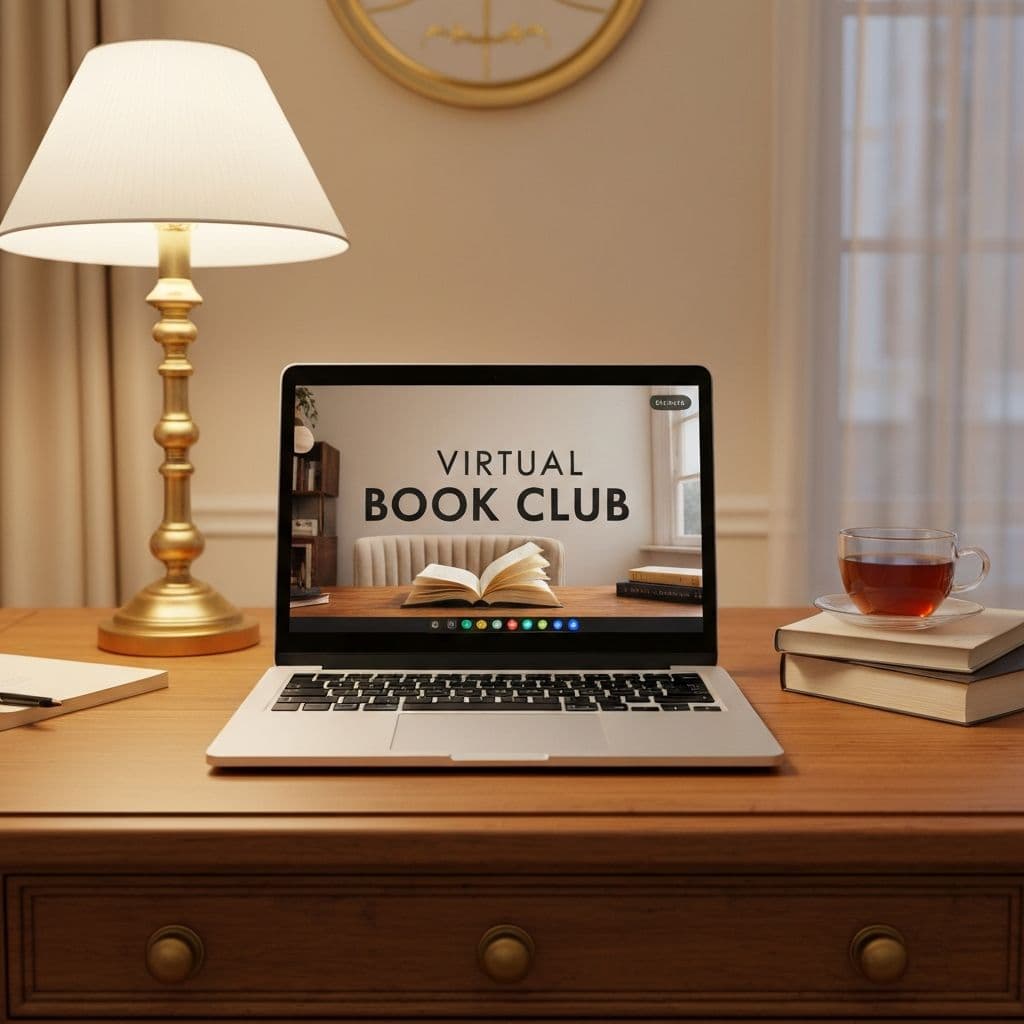 Virtual book club event in an elegant home office