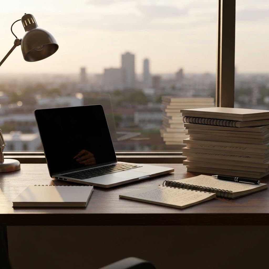 An elegant workspace with laptop and manuscripts