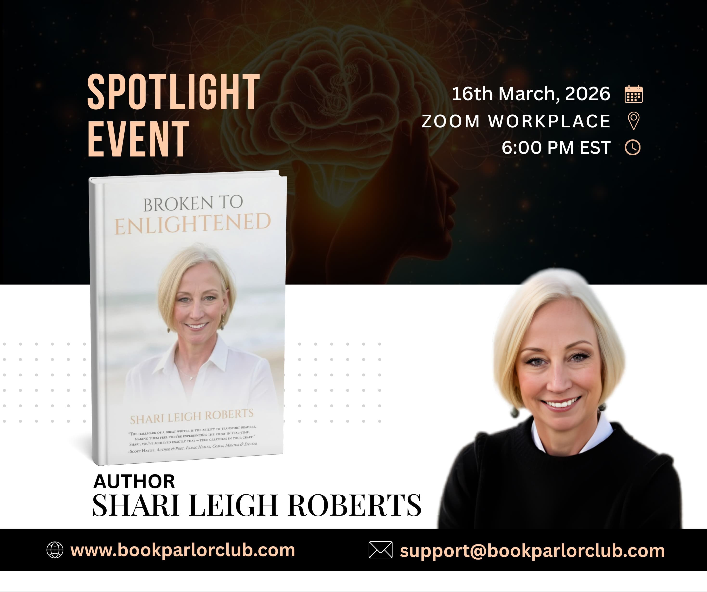 Author Spotlight promotional image featuring Shari Leigh Roberts and her book Broken to Enlightened